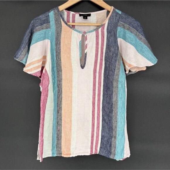 J.Crew Ruffle Sleeve Top In Mixed Striped Linen Size 6 Coastal Flutter Sleeve - Picture 1 of 7